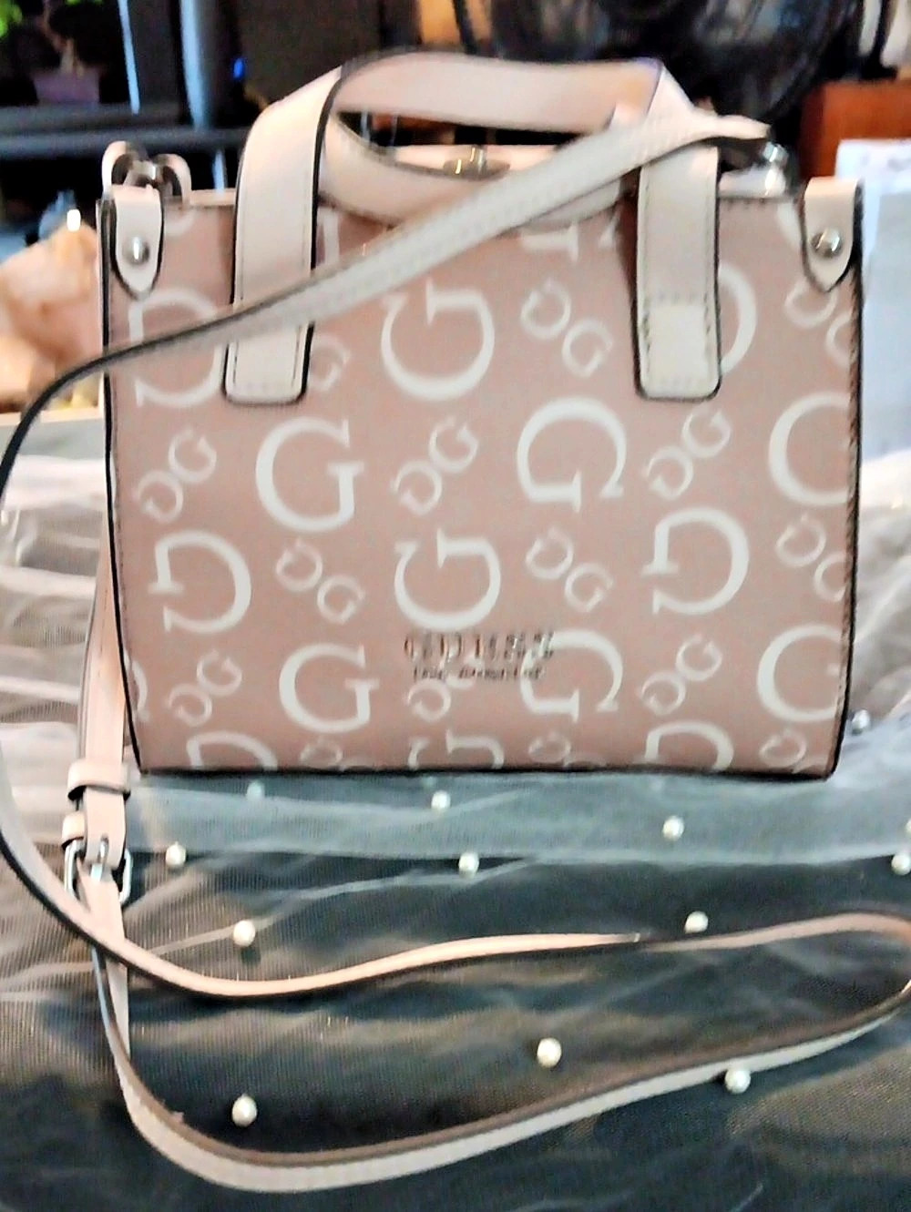 Guess G Wave Mini Tote Logo Print in Pink & White